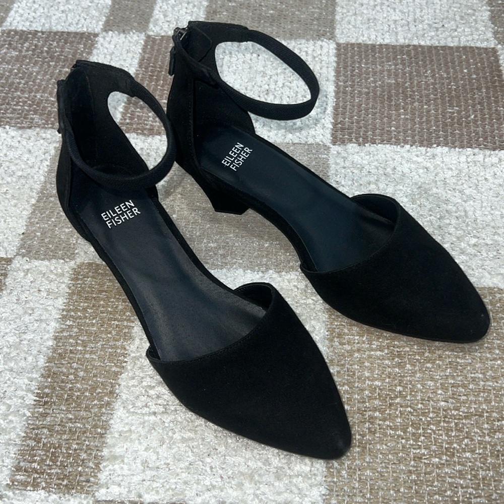 Eileen Fisher Just Suede Ankle-Strap Pump, Black Shoes. Size 8. MSRP $180